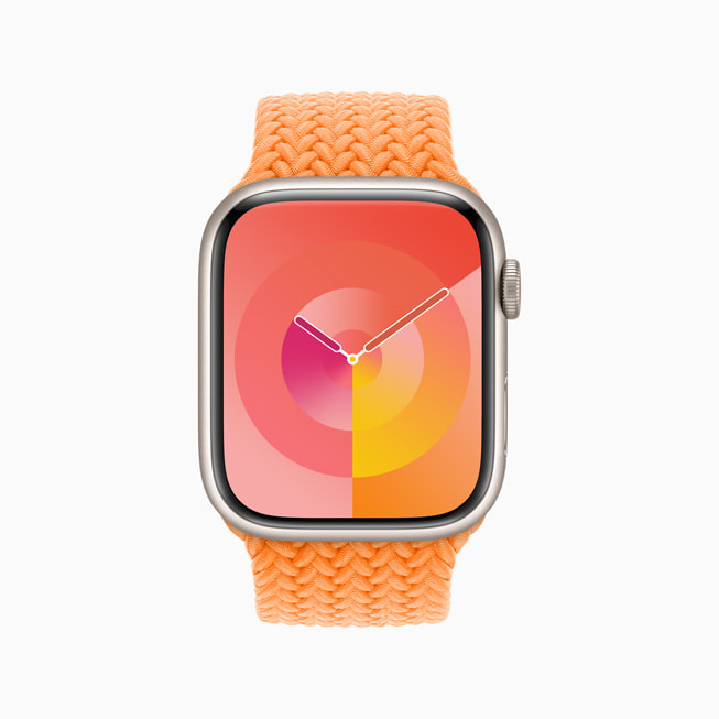 Apple Watch Series 8 展示新的金盏花色调色盘表盘表盘。