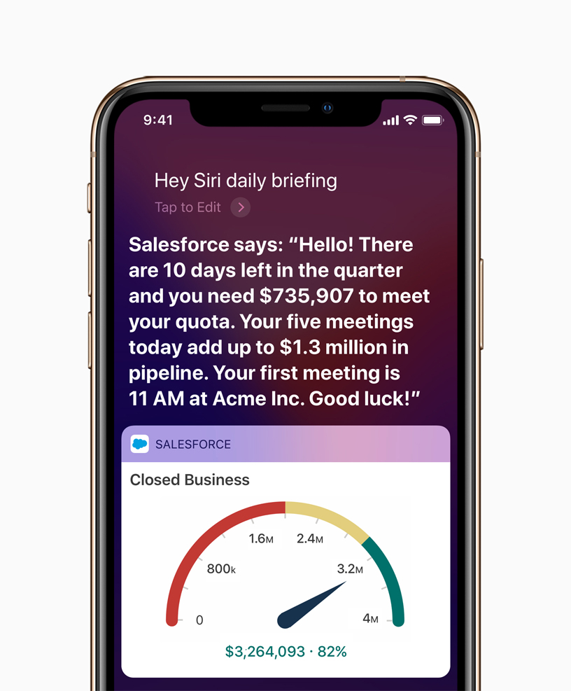 iPhone 屏幕上显示的为 Siri 和 Salesforce Einstein Voice。