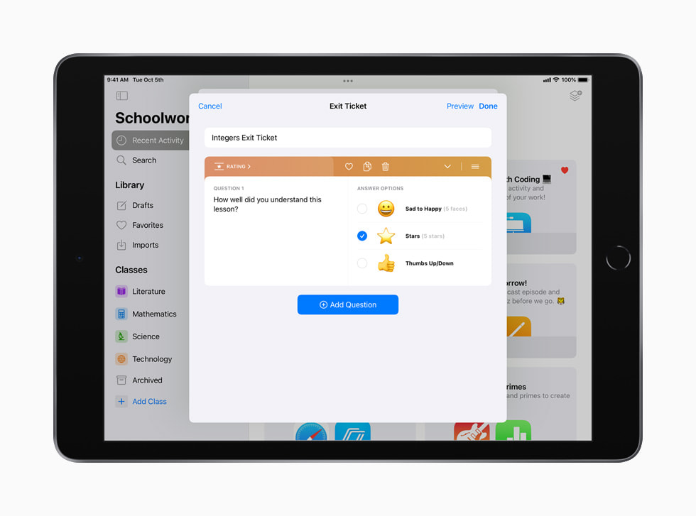 iPad 上显示的课业 app 中内容详细的关于 “整数” 概念的下课反馈单。