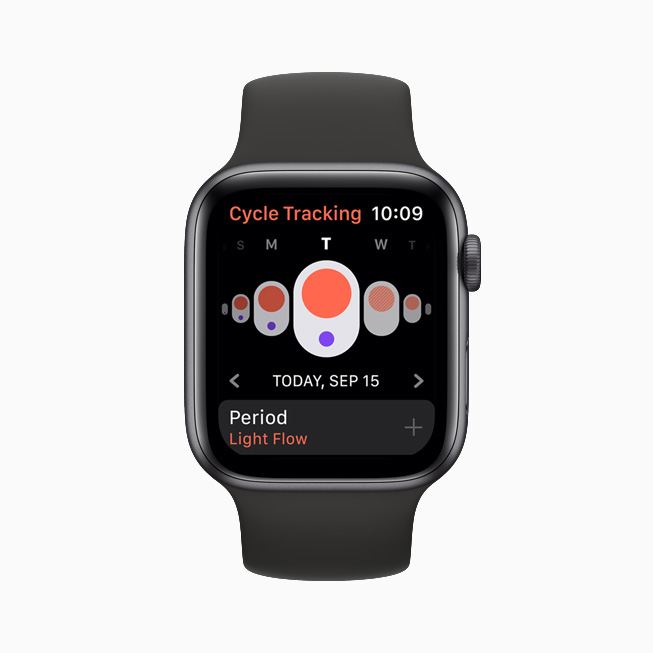 Apple Watch 上展示经期跟踪功能。 