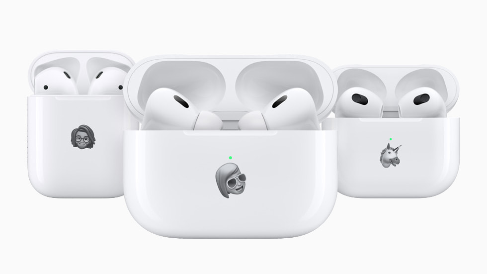 AirPods（第二代）、AirPods（第三代）和 AirPods Pro（第二代）充电盒上的个性化拟我表情和动话表情。