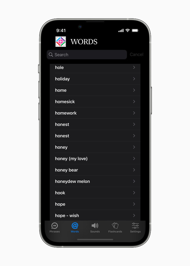 HmongPhrases app 向用户展示可选词汇菜单。