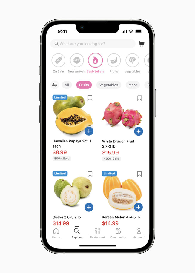 iPhone 上的食杂 app Weee! 所展示的畅销水果。
