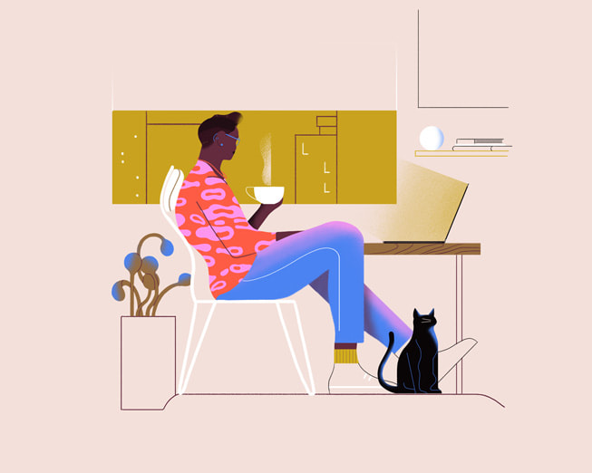 An illustration of a person sitting at their desk sipping coffee.