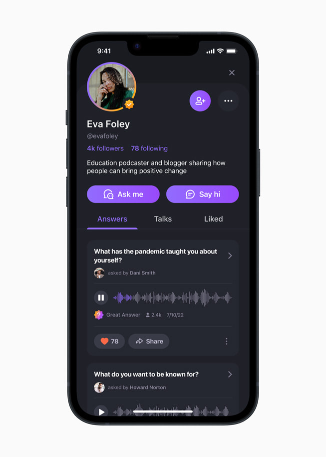 Wisdom app 中显示 Eva Foley 的专家页面，她的介绍是“教育播客和博客创作者，分享带来积极改变的经验”。