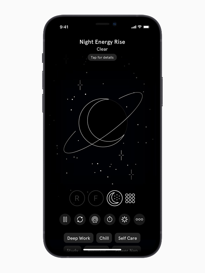 在 iPhone 12 上的 Endel app 显示 Night Energy Rise 画面。