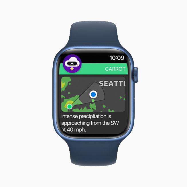 Apple Watch 上的 Carrot Weather app 提醒，由 Grailr 开发。