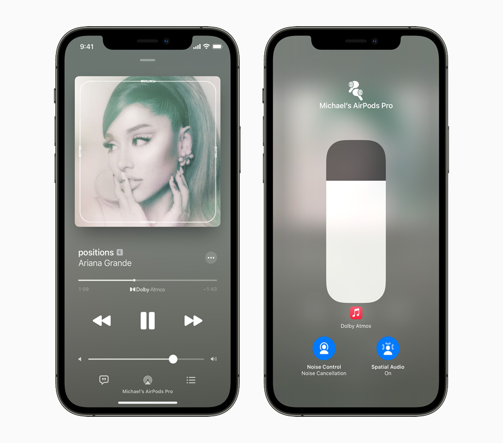 Ariana Grande 在 Apple Music 上的唱片封面，被展示在已和 AirPods Pro 配对的 iPhone 12 Pro 上。