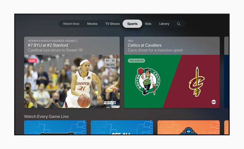 Apple TV app 中的体育 (Sports) 页面。