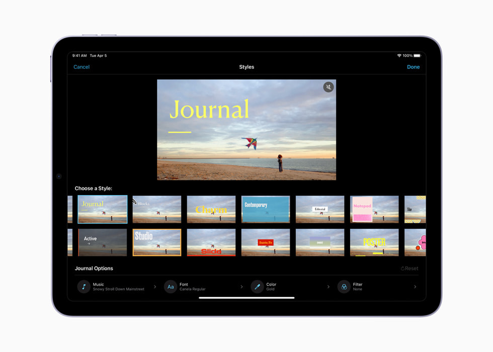一台 iPad 上正在显示 iMovie 剪辑 3.0 独特的预设视频风格。
