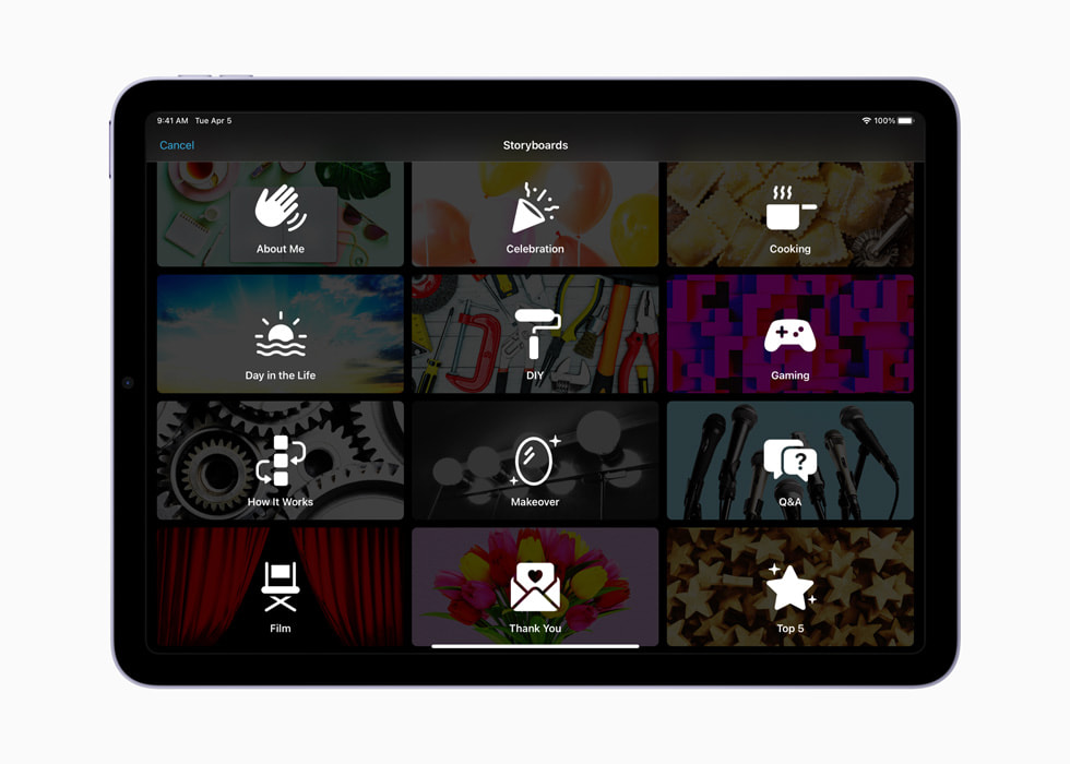一台 iPad 上正在显示 iMovie 剪辑 3.0 的故事板功能。