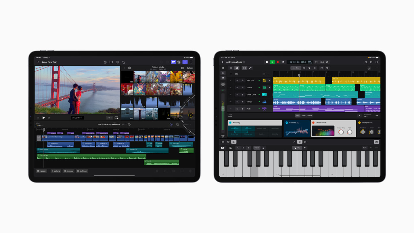 2 台 iPad 设备分别展示 Final Cut Pro 与 Logic Pro。 