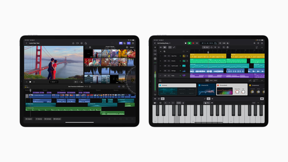 两台 iPad 设备上分别显示 iPad 版 Final Cut Pro 与 Logic Pro。