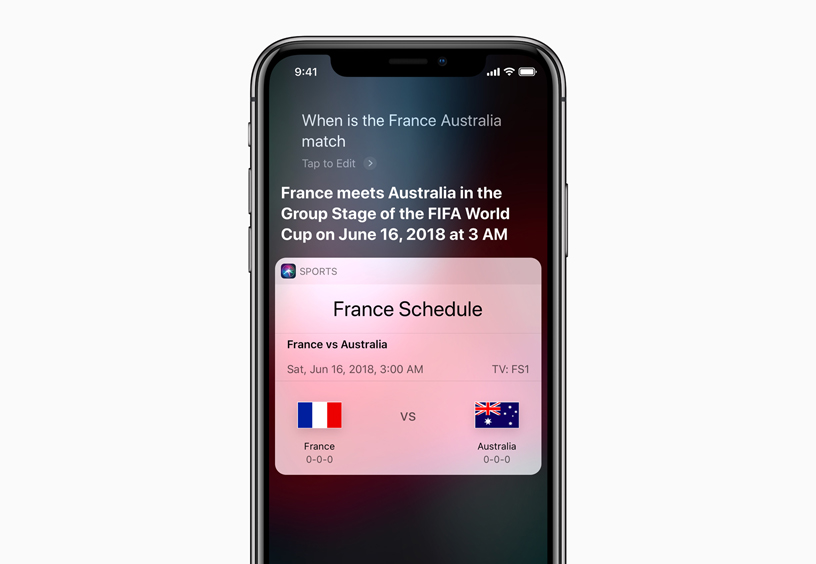 iPhone X 上的 Siri 回答关于法国世界杯赛程安排的提问