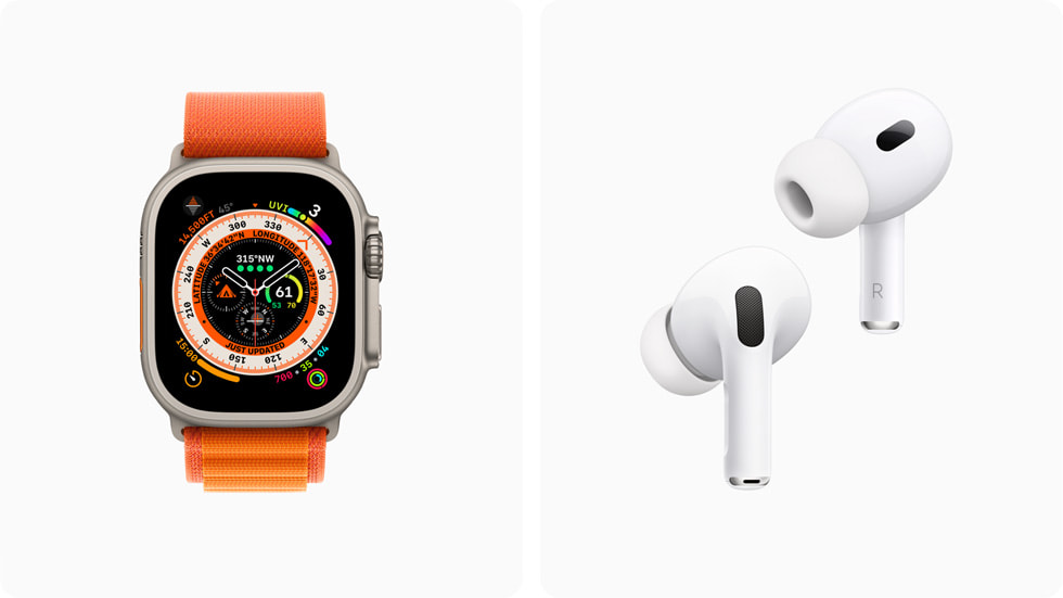 图片显示 Apple Watch Ultra 与 AirPods Pro（第二代）。