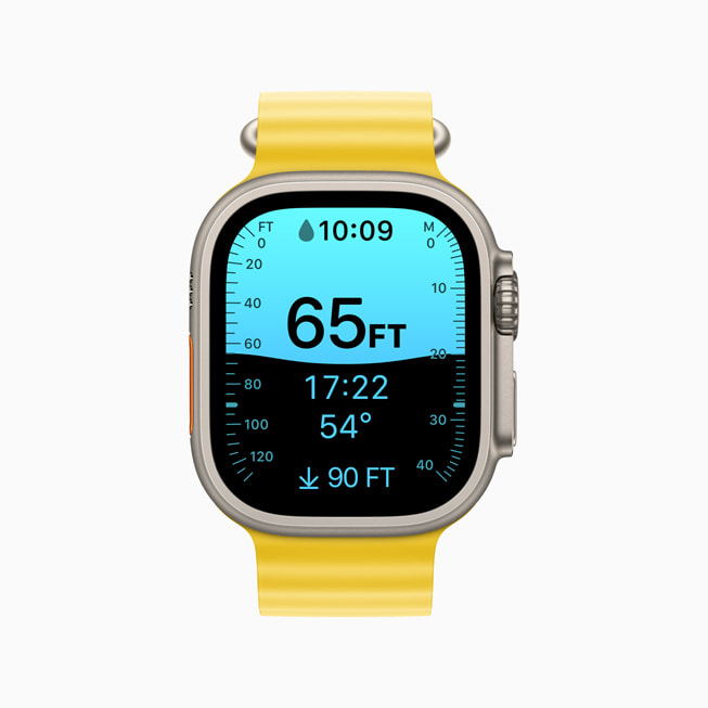 Apple Watch Ultra 上显示的水深 app。