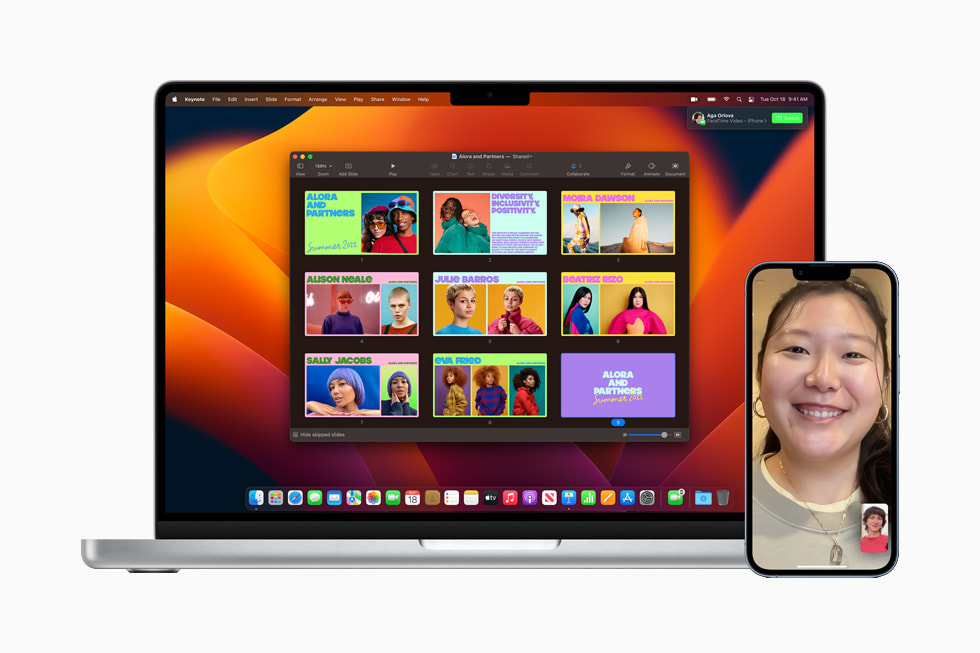 MacBook Pro 和 iPhone 之间在使用 FaceTime 通话接力功能。