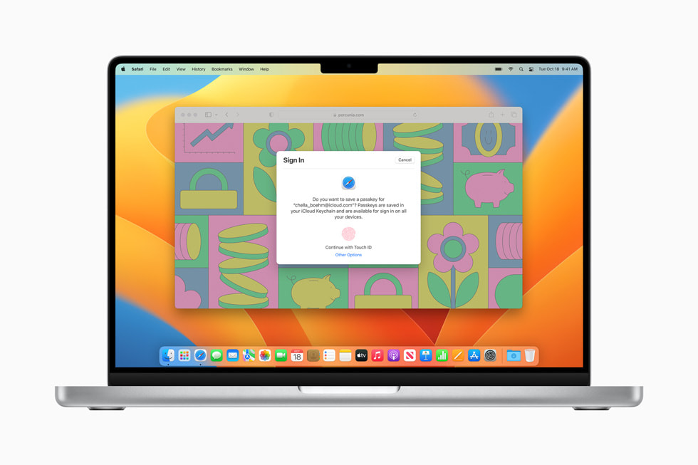 MacBook Pro 的 Safari 浏览器正在展示通行密钥登录。