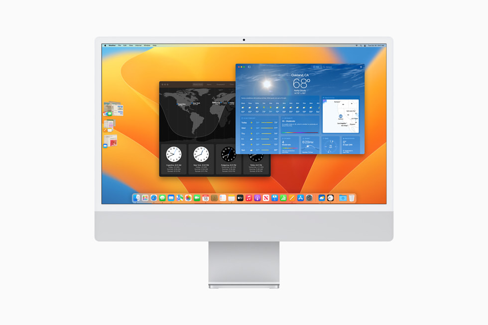 Mac 上展示着天气 app 和 时钟 app。