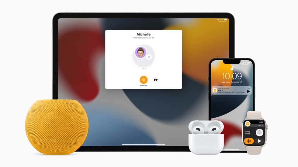 HomePod mini 可配合 iPad Pro、AirPods（第三代）、iPhone 13 和 Apple Watch Series 7 实现广播功能。