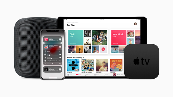 HomePod、iPhone X、iPad 和 Apple TV 产品展示。