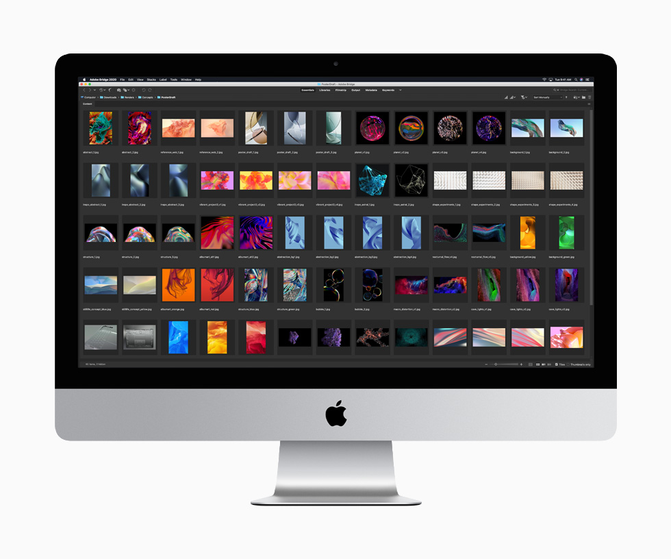 27 英寸 iMac 上显示 65 个各种图形的 JPEG 缩略图，传达出更大存储容量的理念。
