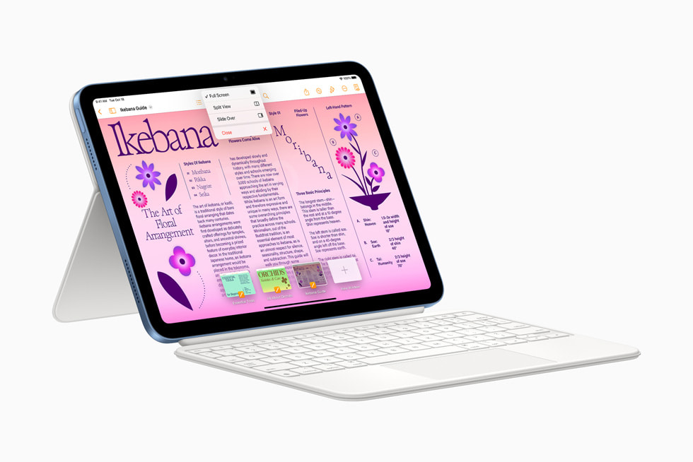 粉色新款 iPad 搭配采用分体式设计的妙控键盘双面夹和 Apple Pencil。