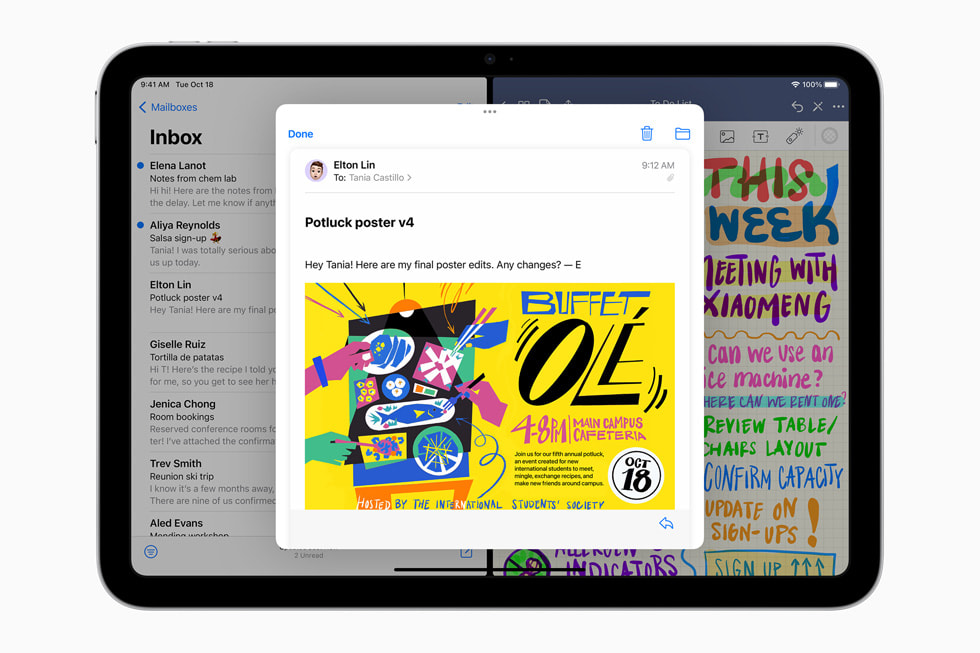 在安装了 iPadOS 16 的新款 iPad 上为邮件 app 使用分屏浏览模式。