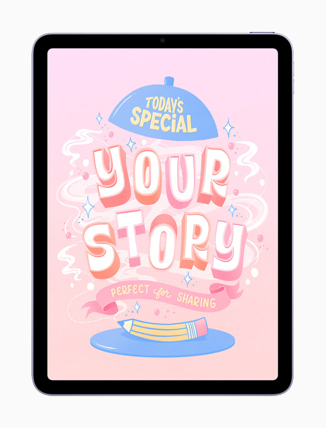 Belinda Kou 的数字字体艺术画，上面写着“今日特餐：你的故事，值得分享（Today’s special: your story — perfect for sharing）。”