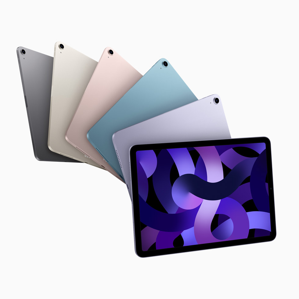 深空灰色、星光色、粉色、蓝色和紫色的新款 iPad Air。
