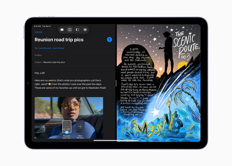 在 iPad Air 上通过分屏浏览功能同时显示邮件 app 和主屏幕。