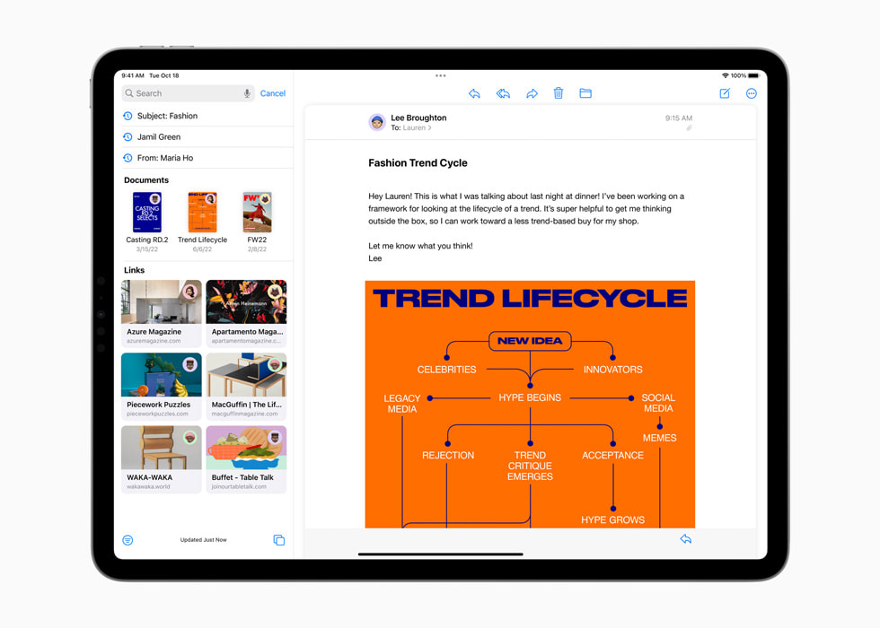 运行 iPadOS 16 的新款 12.9 英寸 iPad Pro 上显示着邮件 app 改进后的搜索功能。