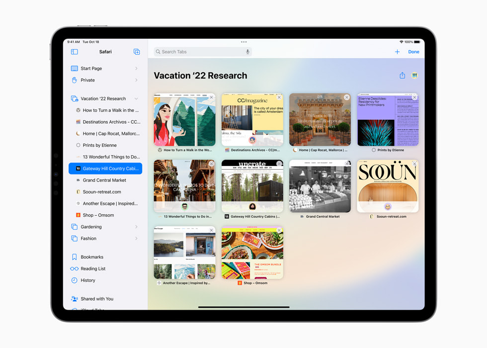 运行 iPadOS 16 的新款 iPad 上显示 Safari 浏览器正在使用共享标签页组功能。