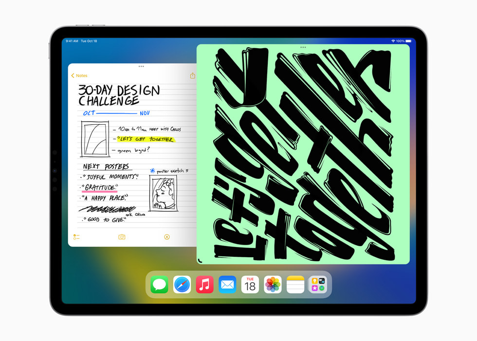 运行 iPadOS 16 的新款 12.9 英寸 iPad Pro 上，备忘录和照片 app 在使用台前调度功能。