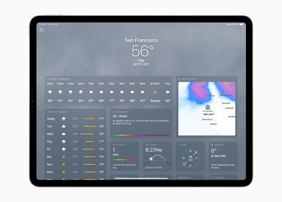 运行 iPadOS 16 的新款 12.9 英寸 iPad Pro 上显示着天气 app。