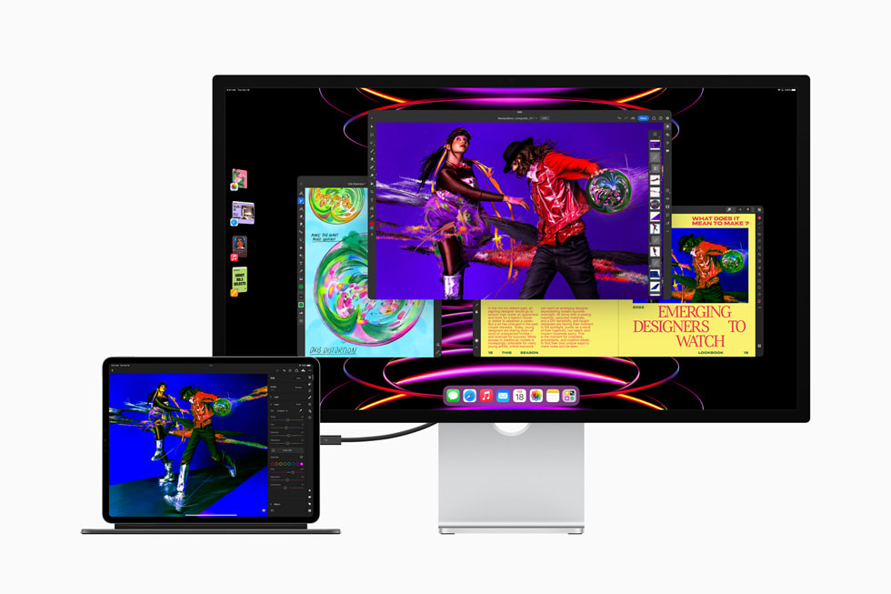 智能双面夹的新款 12.9 英寸 iPad Pro 利用 iPadOS 16 的台前调度功能连接到 Mac Studio 显示器。