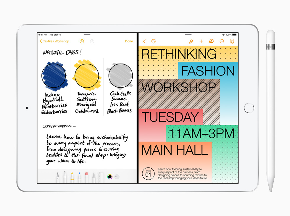 新款 iPad 搭配 Apple Pencil，并显示备忘录 app。