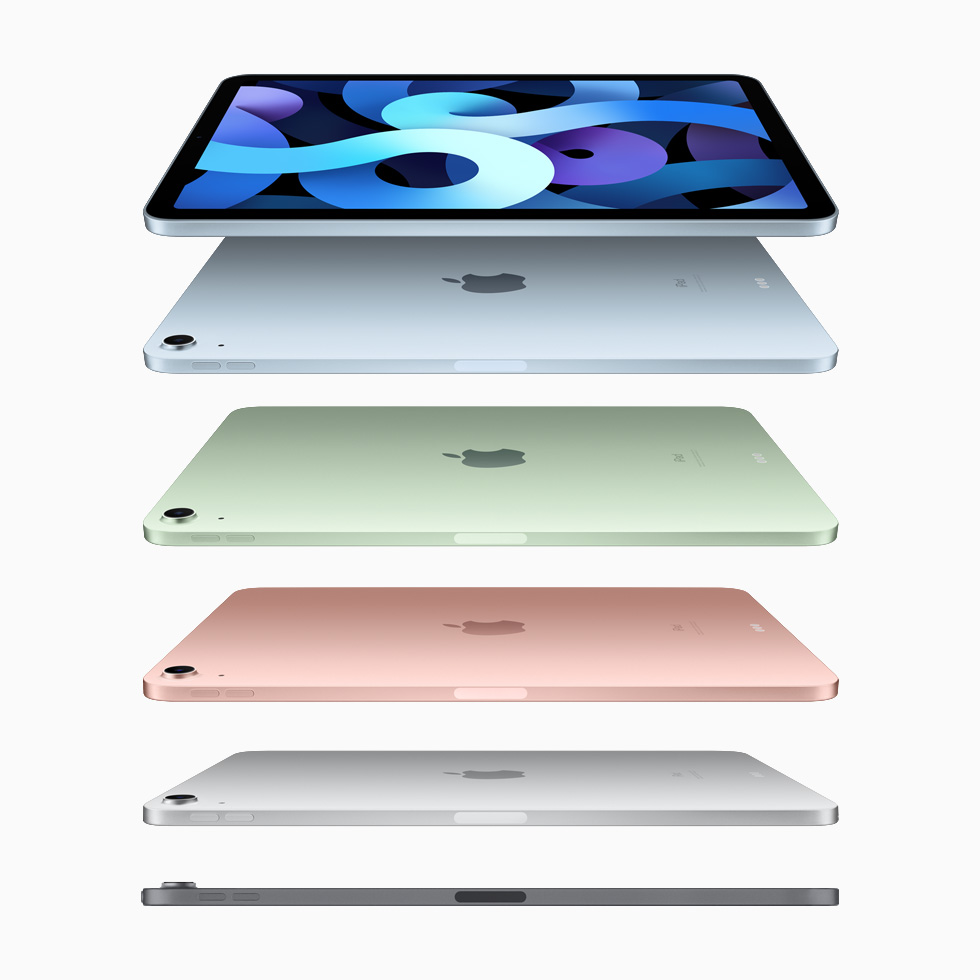 iPad Air 有天蓝色、绿色、玫瑰金色、银色和深空灰色可选。