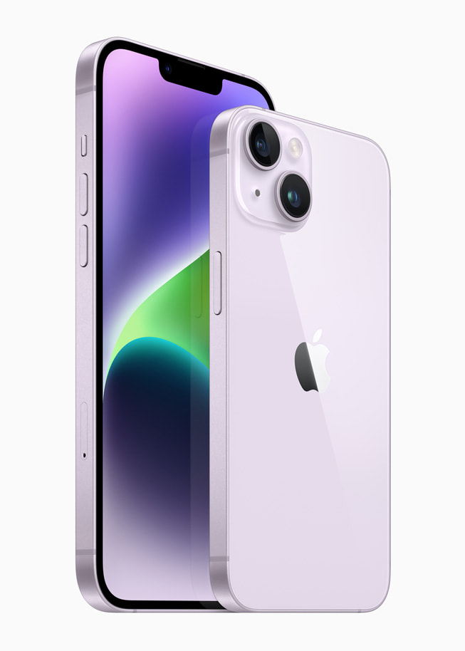 iPhone 14 和 iPhone 14 Plus，紫色。