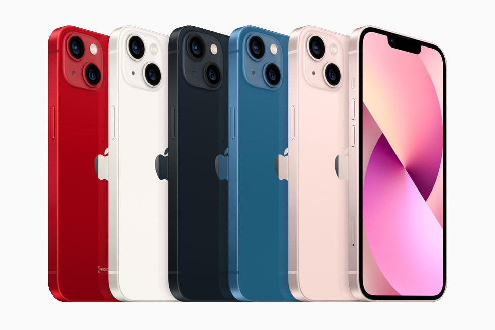 红色、星光色、午夜色、蓝色和粉色 iPhone 13 系列产品