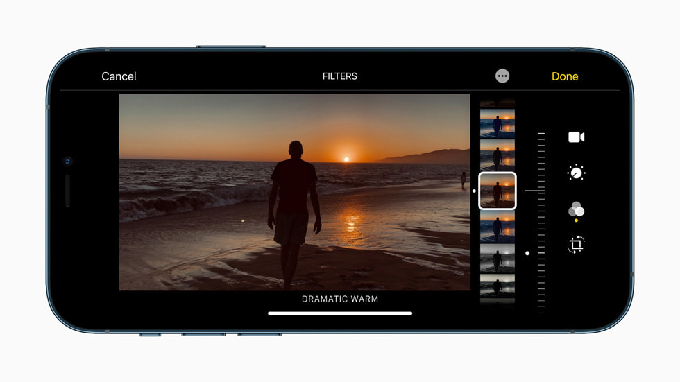 在 iPhone 12 Pro 上轻松地在日落照片上添加滤镜。