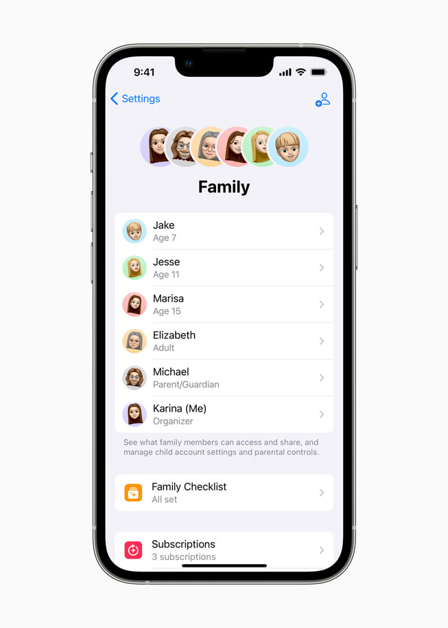 iPhone 上显示的家人共享设置。