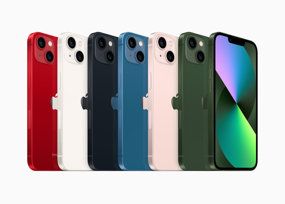 红色、星光色、午夜色、蓝色、粉色和全新绿色 iPhone 13。