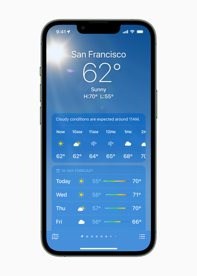 在 iPhone 13 Pro 上展示天气 app 的天气预报功能。 