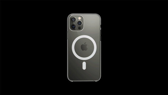 展示 MagSafe 充电器轻松与 iPhone 12 Pro 贴合的动图。