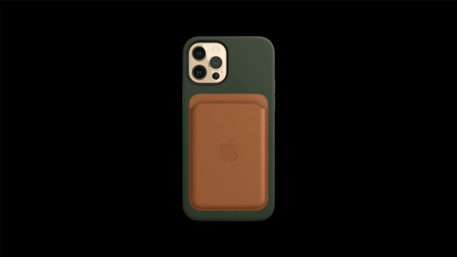 展示 MagSafe 磁吸配件轻松与 iPhone 12 Pro 贴合的动图。