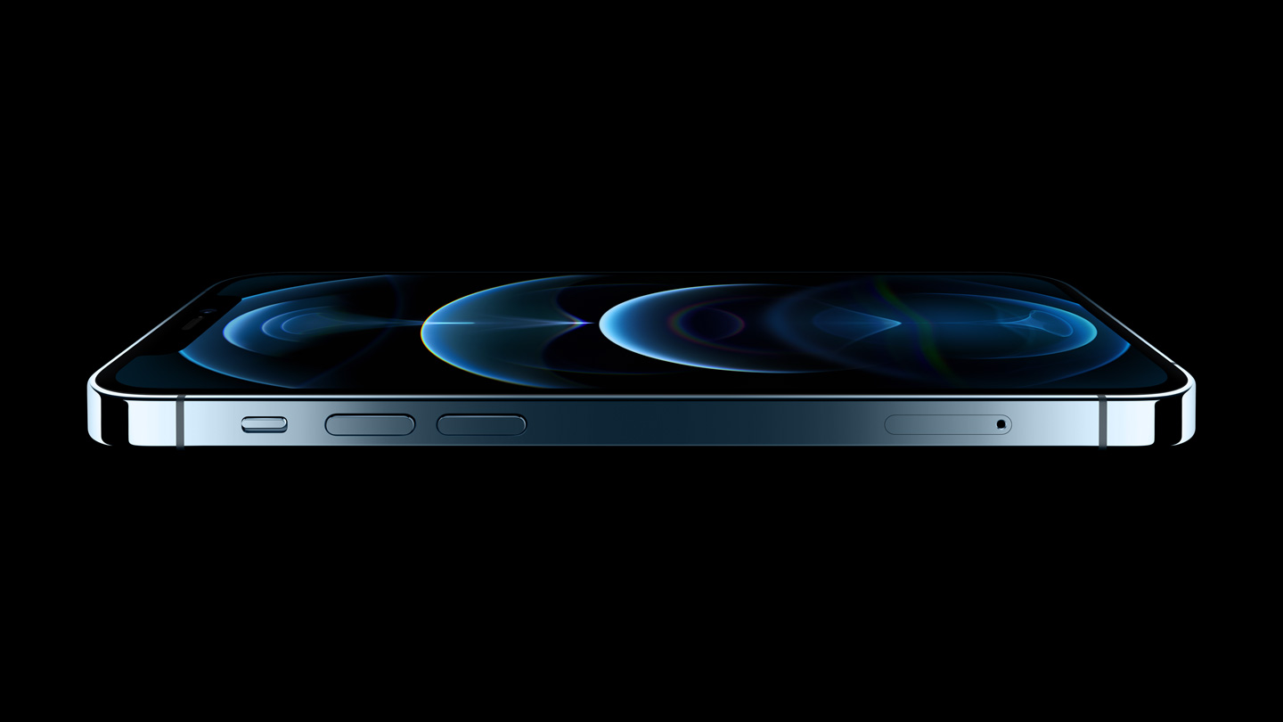iPhone 12 Pro 水平轮廓图展示边缘平坦的新设计和超瓷晶面板。