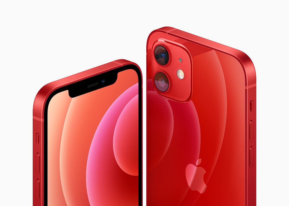 红色铝金属外观的 iPhone 12 和 iPhone 12 mini。