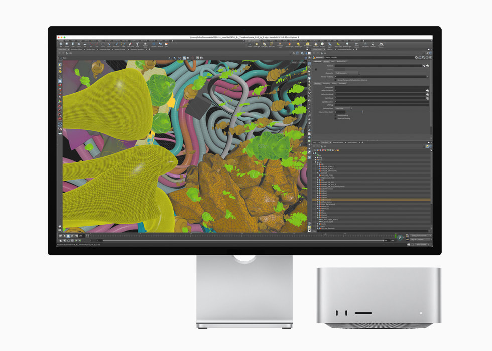 在搭载了 M1 Ultra 的 Mac Studio 和 Studio Display 上运行并展示的 Houdini app。