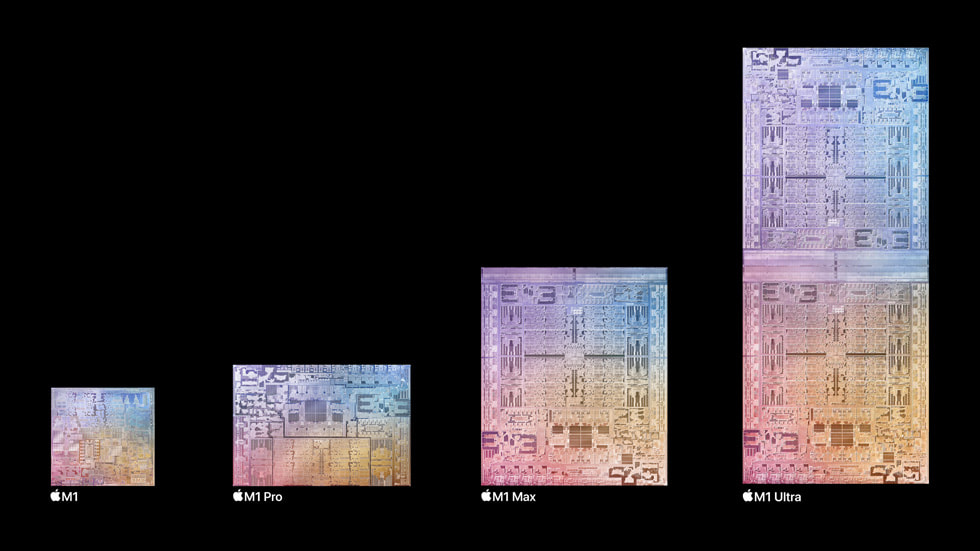 Apple 定制芯片系列的完整阵容，包括 M1、M1 Pro、M1 Max 和 M1 Ultra。